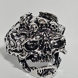 Mens Gothic Skull Ring W/ Dragon & Skull Engraving Adjustable Open Band Alloy
